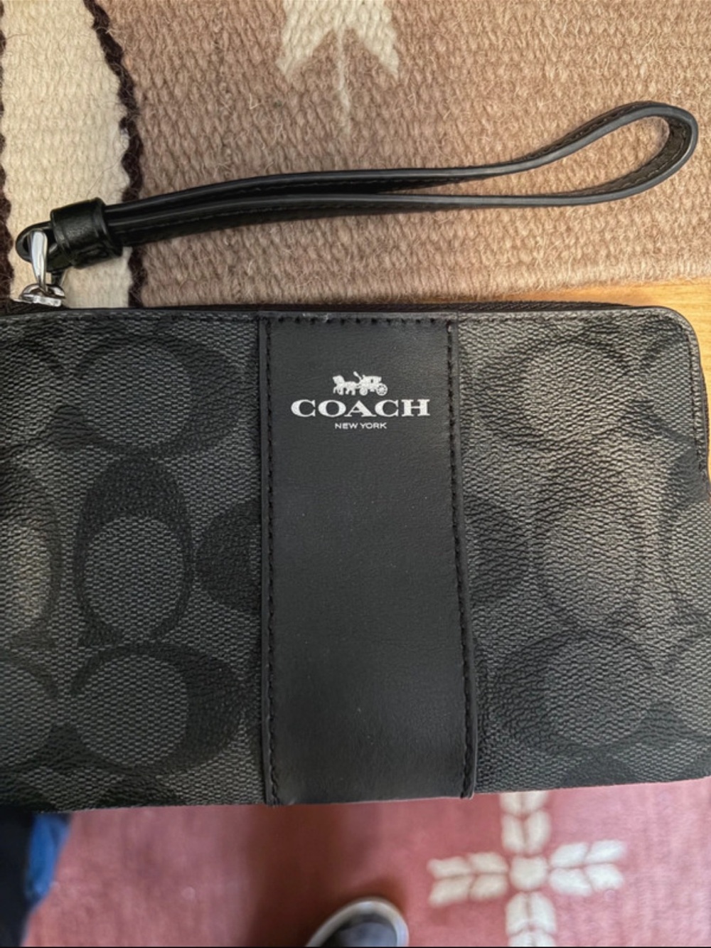 Coach Black Signature Wristlet with Leather Center Panel